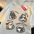 Camiseta Estilo Americano com Estampa de Gato e Café, Algodão Casual, Verão, Respirável e Solta