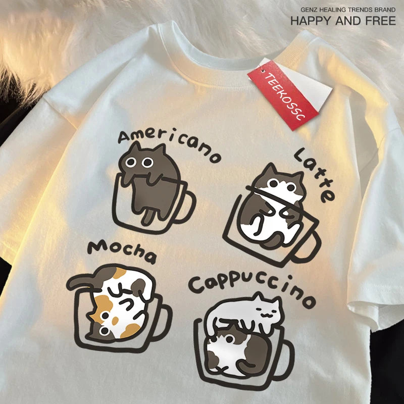 Camiseta Estilo Americano com Estampa de Gato e Café, Algodão Casual, Verão, Respirável e Solta