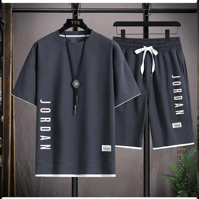 Conjunto de roupa esportiva de verão: camiseta casual + shorts para homens, soltinho e confortável, conjunto masculino tipo waffle (jogger)