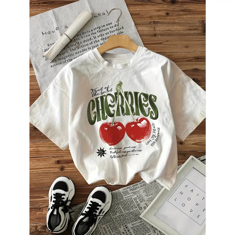 Camiseta Feminina Cereja com Estampa de Corações e Cerejas, Gola O, Manga Curta, Roupas Casuais Kawaii para Mulheres