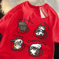 Camiseta Estilo Americano com Estampa de Gato e Café, Algodão Casual, Verão, Respirável e Solta