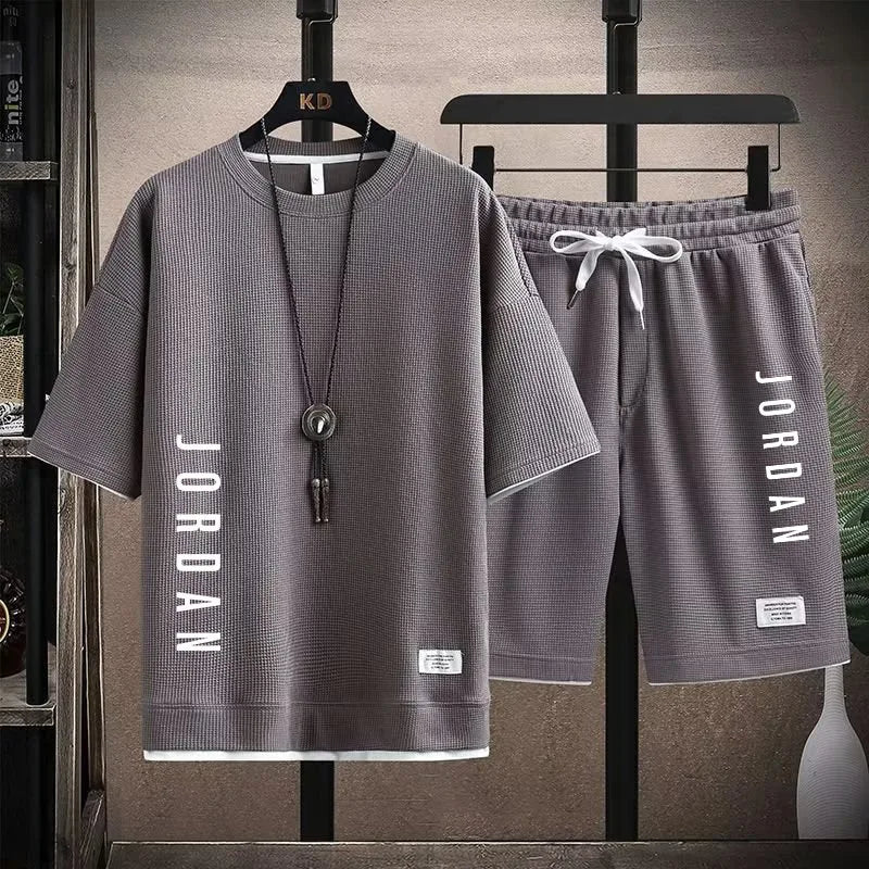Conjunto de roupa esportiva de verão: camiseta casual + shorts para homens, soltinho e confortável, conjunto masculino tipo waffle (jogger)