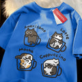 Camiseta Estilo Americano com Estampa de Gato e Café, Algodão Casual, Verão, Respirável e Solta