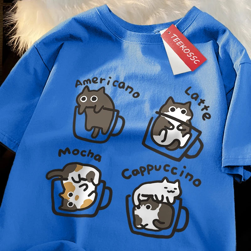 Camiseta Estilo Americano com Estampa de Gato e Café, Algodão Casual, Verão, Respirável e Solta