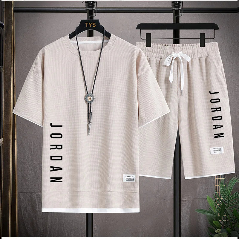 Conjunto de roupa esportiva de verão: camiseta casual + shorts para homens, soltinho e confortável, conjunto masculino tipo waffle (jogger)