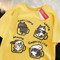 Camiseta Estilo Americano com Estampa de Gato e Café, Algodão Casual, Verão, Respirável e Solta