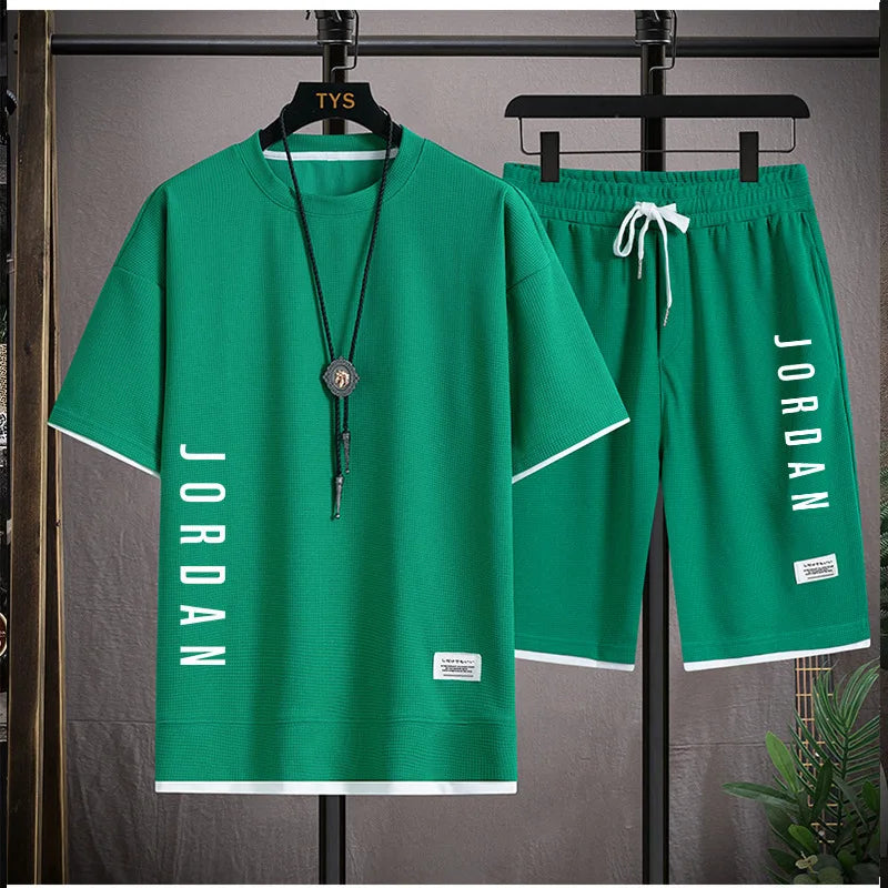Conjunto de roupa esportiva de verão: camiseta casual + shorts para homens, soltinho e confortável, conjunto masculino tipo waffle (jogger)