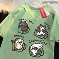 Camiseta Estilo Americano com Estampa de Gato e Café, Algodão Casual, Verão, Respirável e Solta