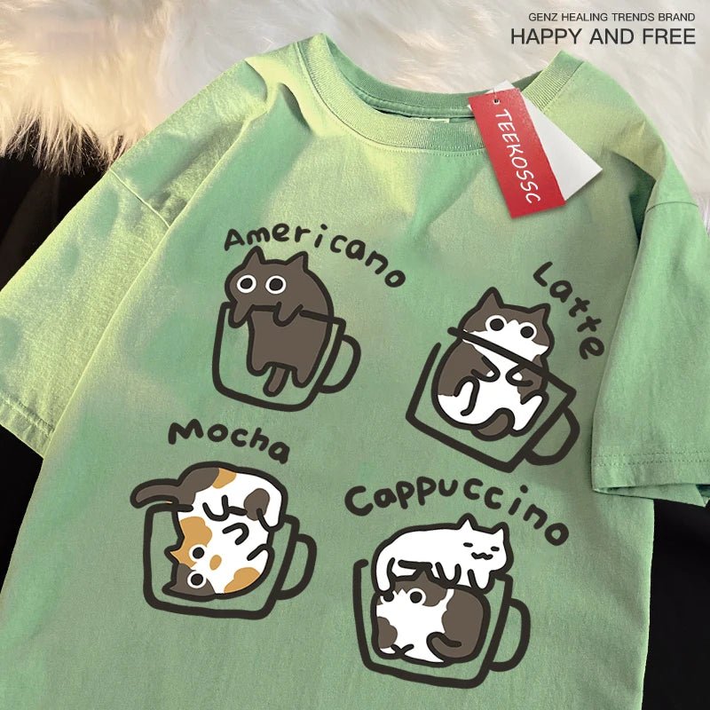 Camiseta Estilo Americano com Estampa de Gato e Café, Algodão Casual, Verão, Respirável e Solta