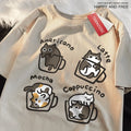 Camiseta Estilo Americano com Estampa de Gato e Café, Algodão Casual, Verão, Respirável e Solta
