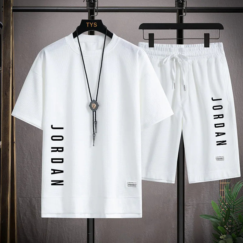 Conjunto de roupa esportiva de verão: camiseta casual + shorts para homens, soltinho e confortável, conjunto masculino tipo waffle (jogger)