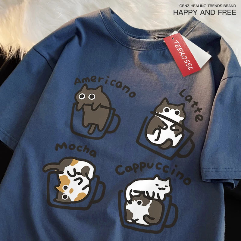 Camiseta Estilo Americano com Estampa de Gato e Café, Algodão Casual, Verão, Respirável e Solta