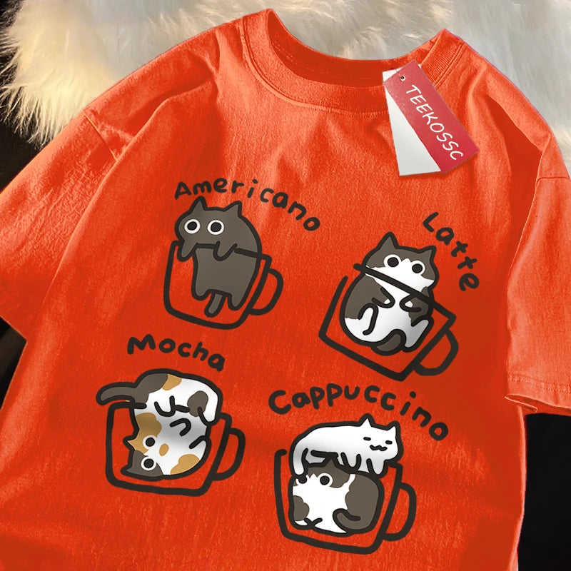 Camiseta Estilo Americano com Estampa de Gato e Café, Algodão Casual, Verão, Respirável e Solta