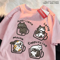 Camiseta Estilo Americano com Estampa de Gato e Café, Algodão Casual, Verão, Respirável e Solta