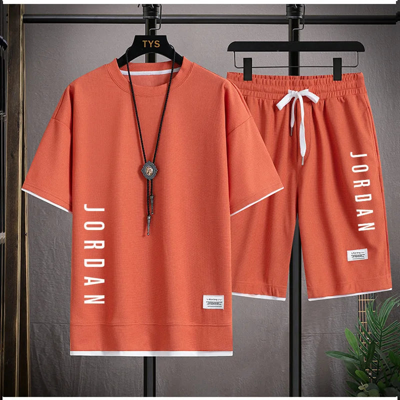 Conjunto de roupa esportiva de verão: camiseta casual + shorts para homens, soltinho e confortável, conjunto masculino tipo waffle (jogger)